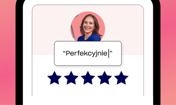 Ekran smartfona wyświetlający opinię o firmie sprzątającej. Na górze znajduje się okrągłe zdjęcie profilowe uśmiechniętej osoby z długimi włosami. Pod zdjęciem znajduje się tekst w cudzysłowie, który brzmi „Perfekcyjnie”. Na dole znajduje się pięć wypełnionych gwiazdek oznaczających ocenę 5 gwiazdek.