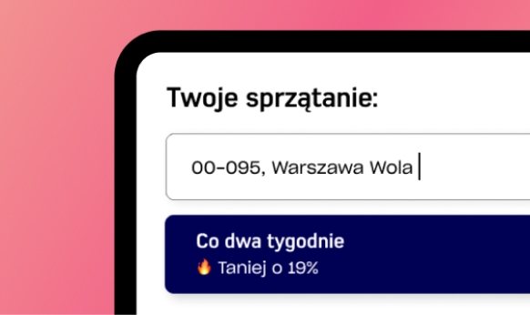 Pasek wyszukiwania na stronie internetowej pokazuje kod pocztowy dla Warszawa Wola, a pod nim promocję oferującą 19% zniżki na światła mieszkań co dwa tygodnie, wyróżnioną emoji płomienia. Tło to gradient odcieni różu.